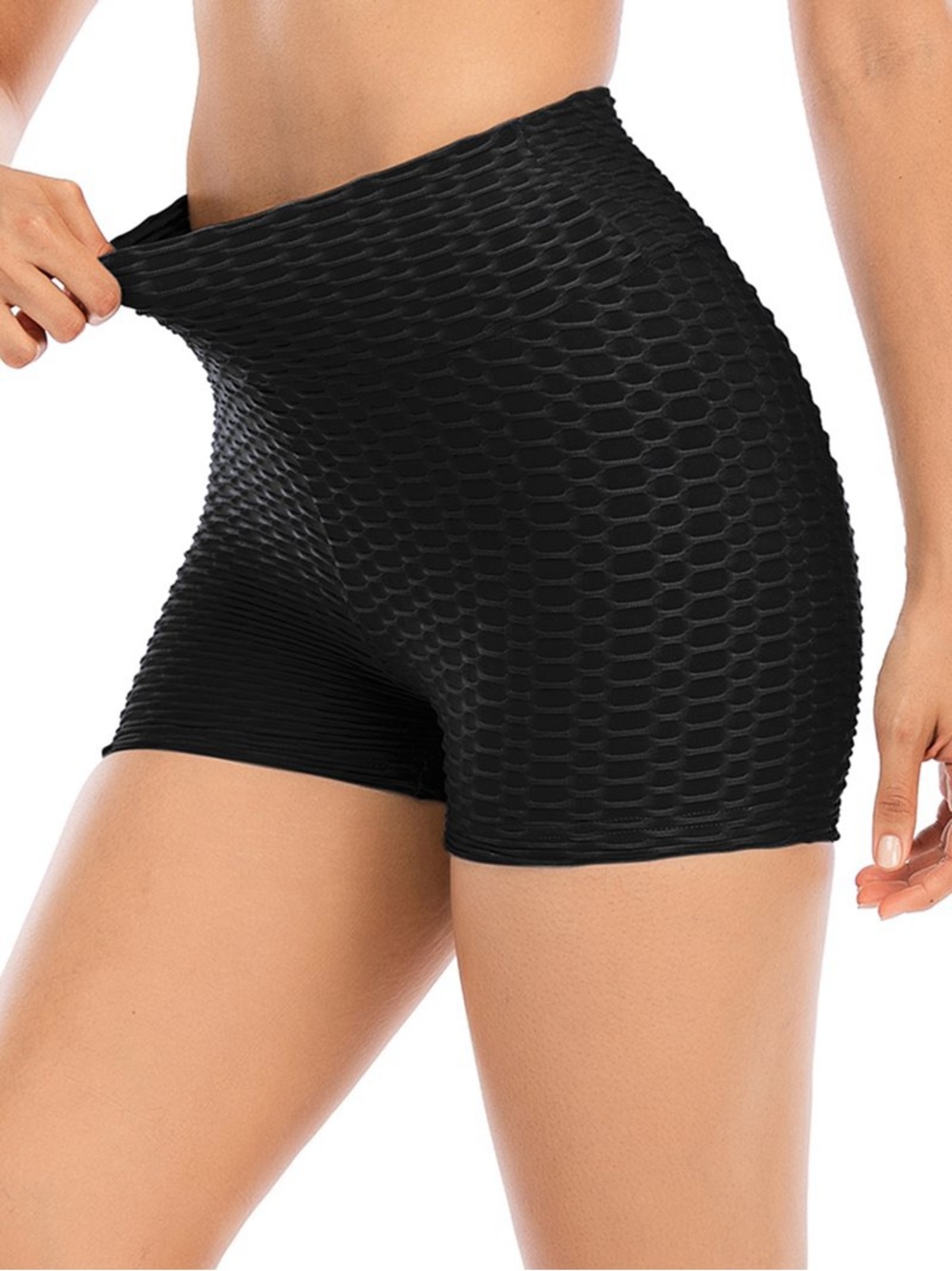 Black High Waisted Honeycomb Textured Booty Lift Shorts  | Butt Lifting